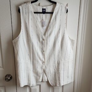 GAP Women's White And Navy Striped Linen Button Down Vest